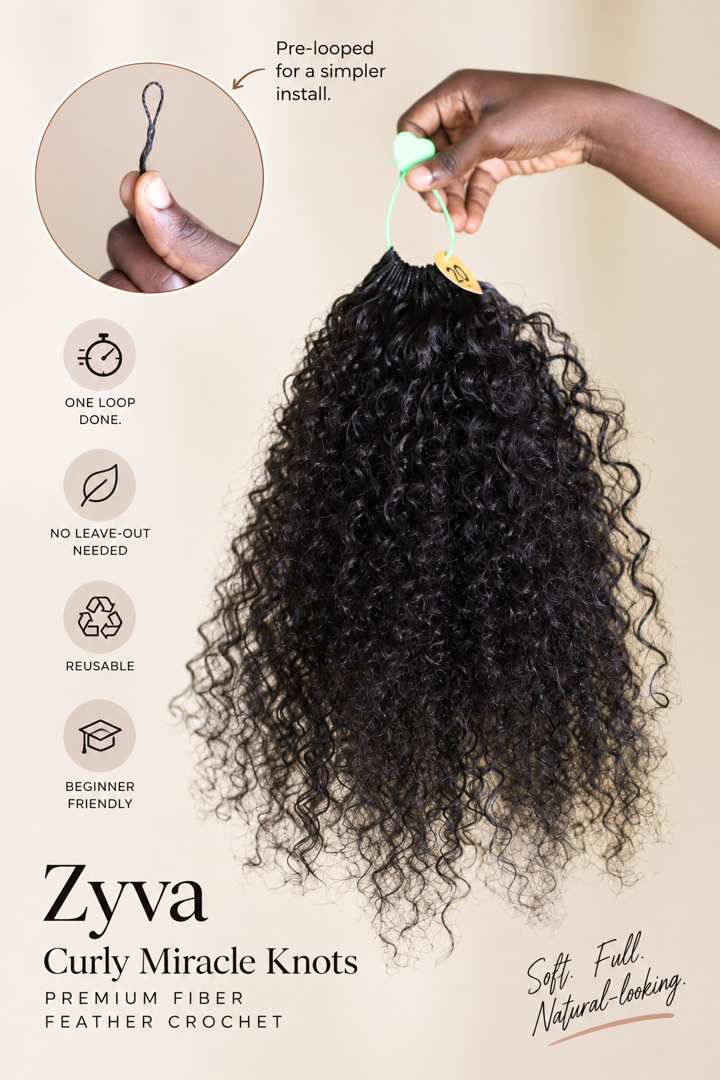 Zyva Curly Pre-looped Feather Crochet Bundles for Miracle Knots